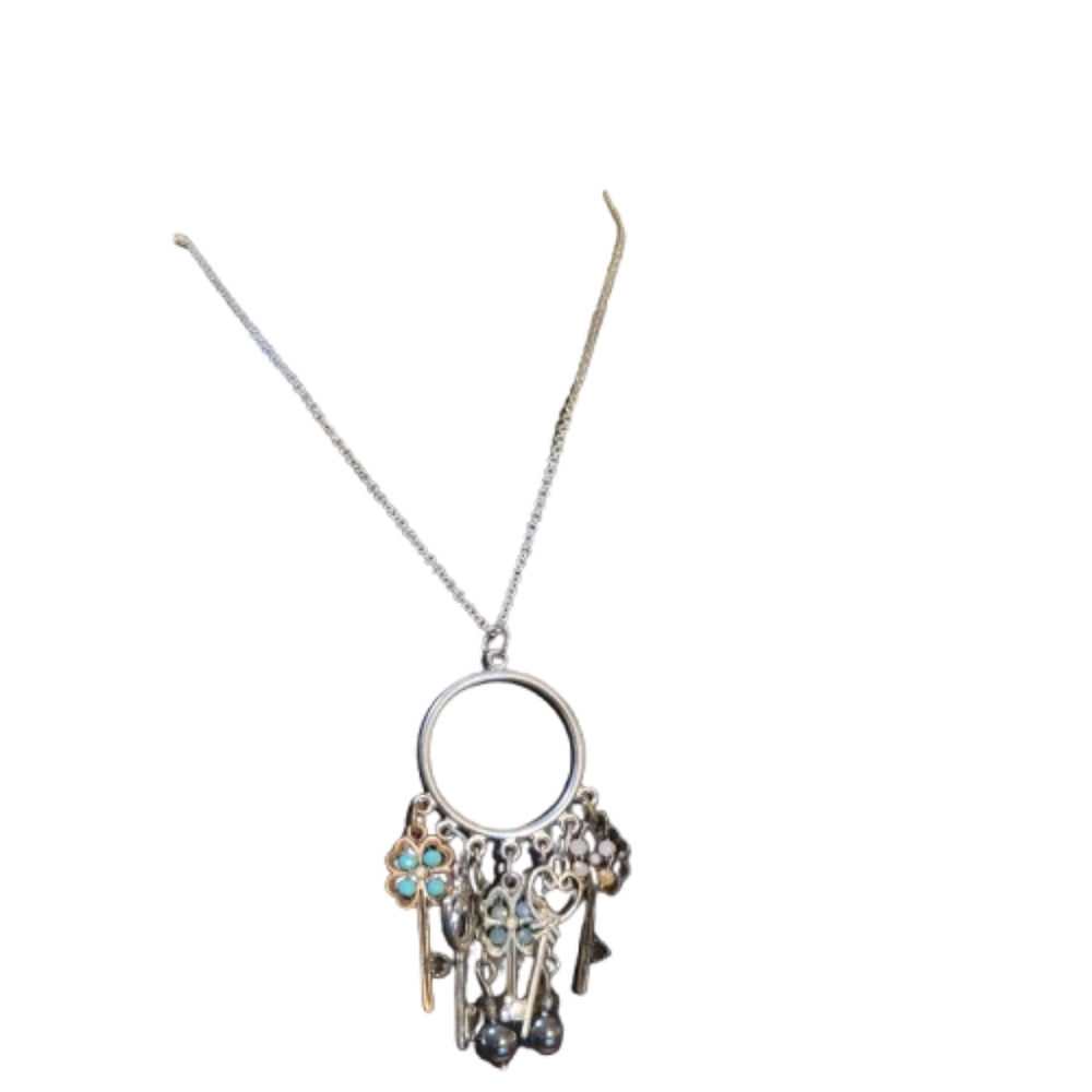 Necklace Silvertone Key Necklace with Floral Accents And Beads On Keys